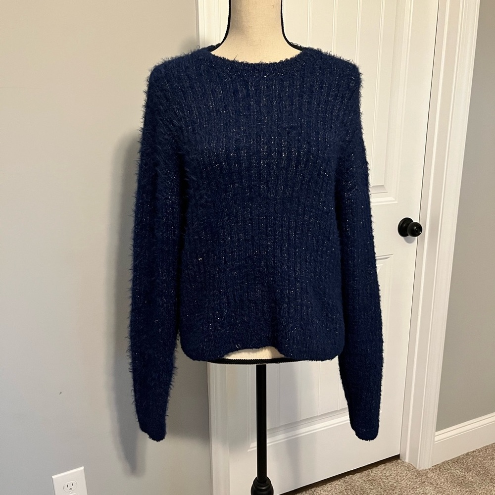 Crown & Ivy Cabana Navy and Silver Fuzzy Sweater